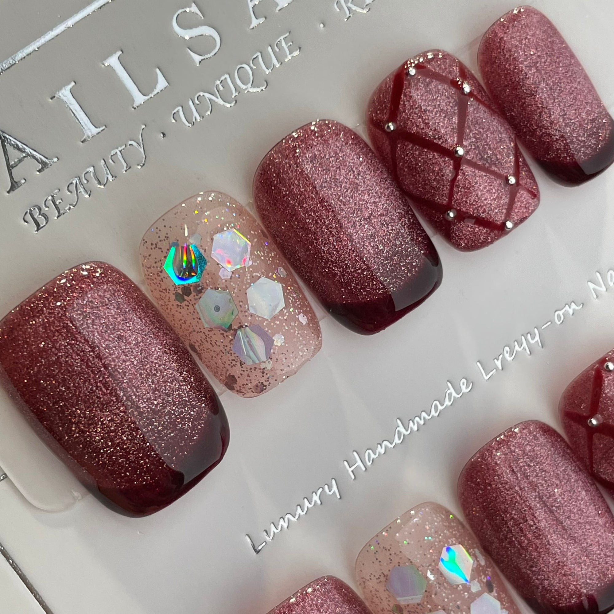 Handmade Press On Nails Short Coffin Plum color flash-YiH