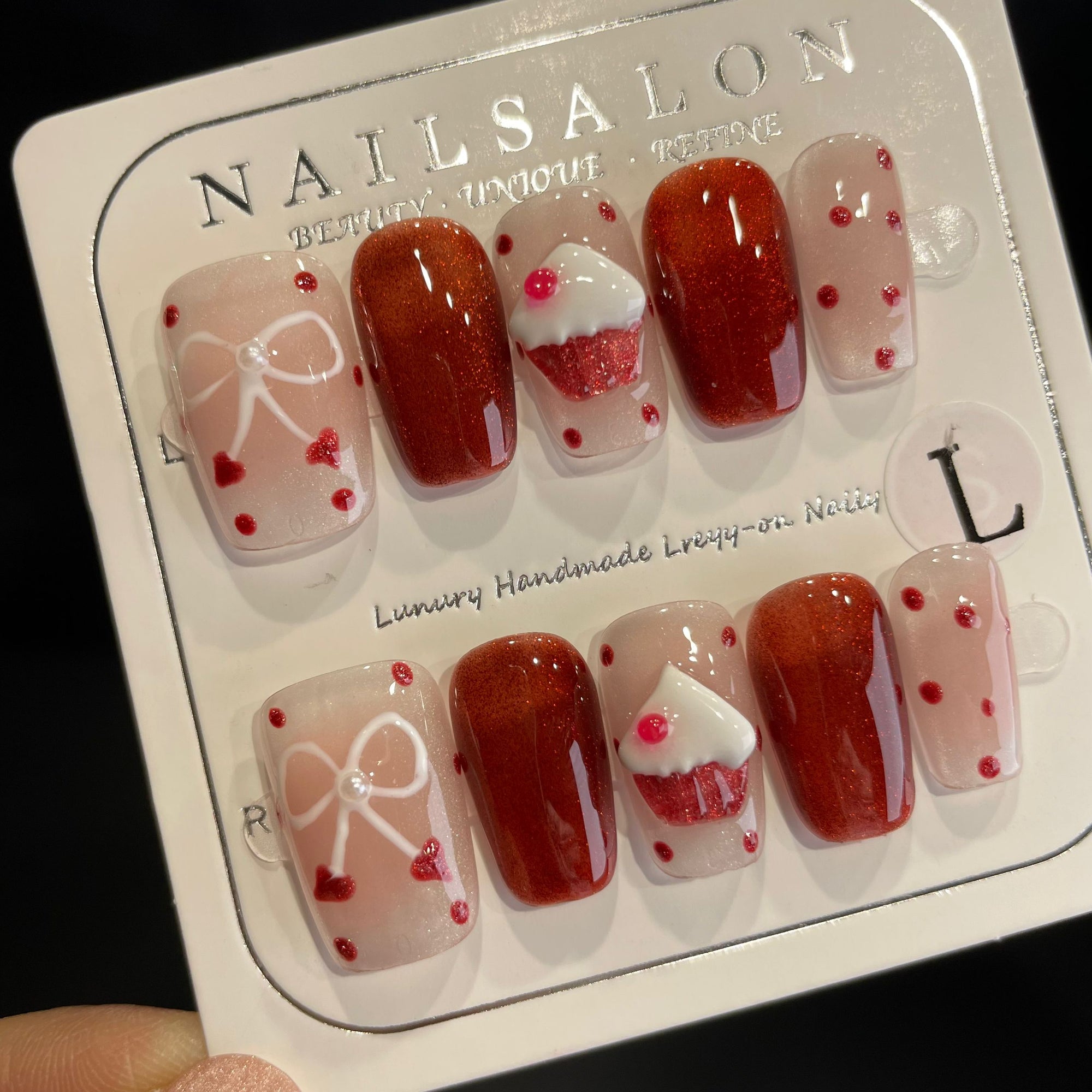 Handmade Press On Nails Medium Coffin Cat's eye strawberry cake-YiH