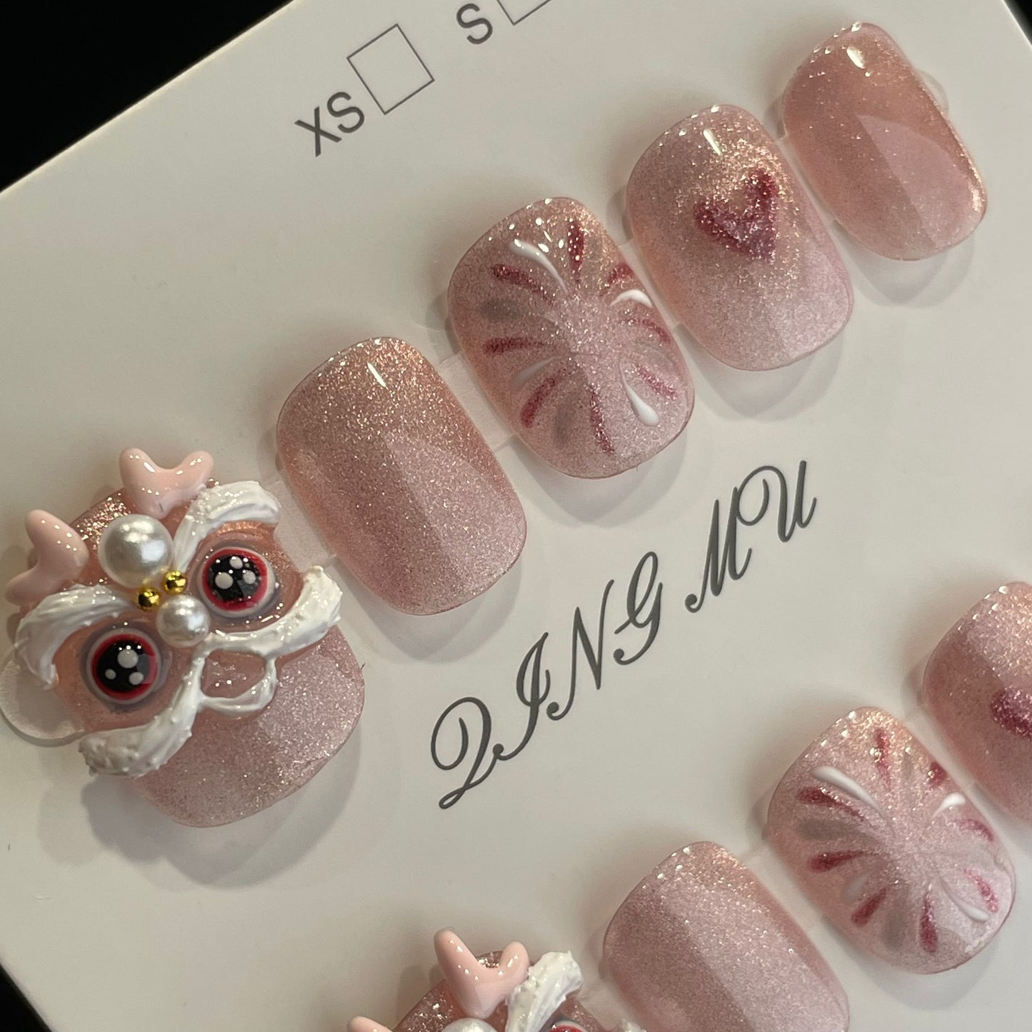 Handmade Press On Nails Short Square Pink Awake lion-QingM