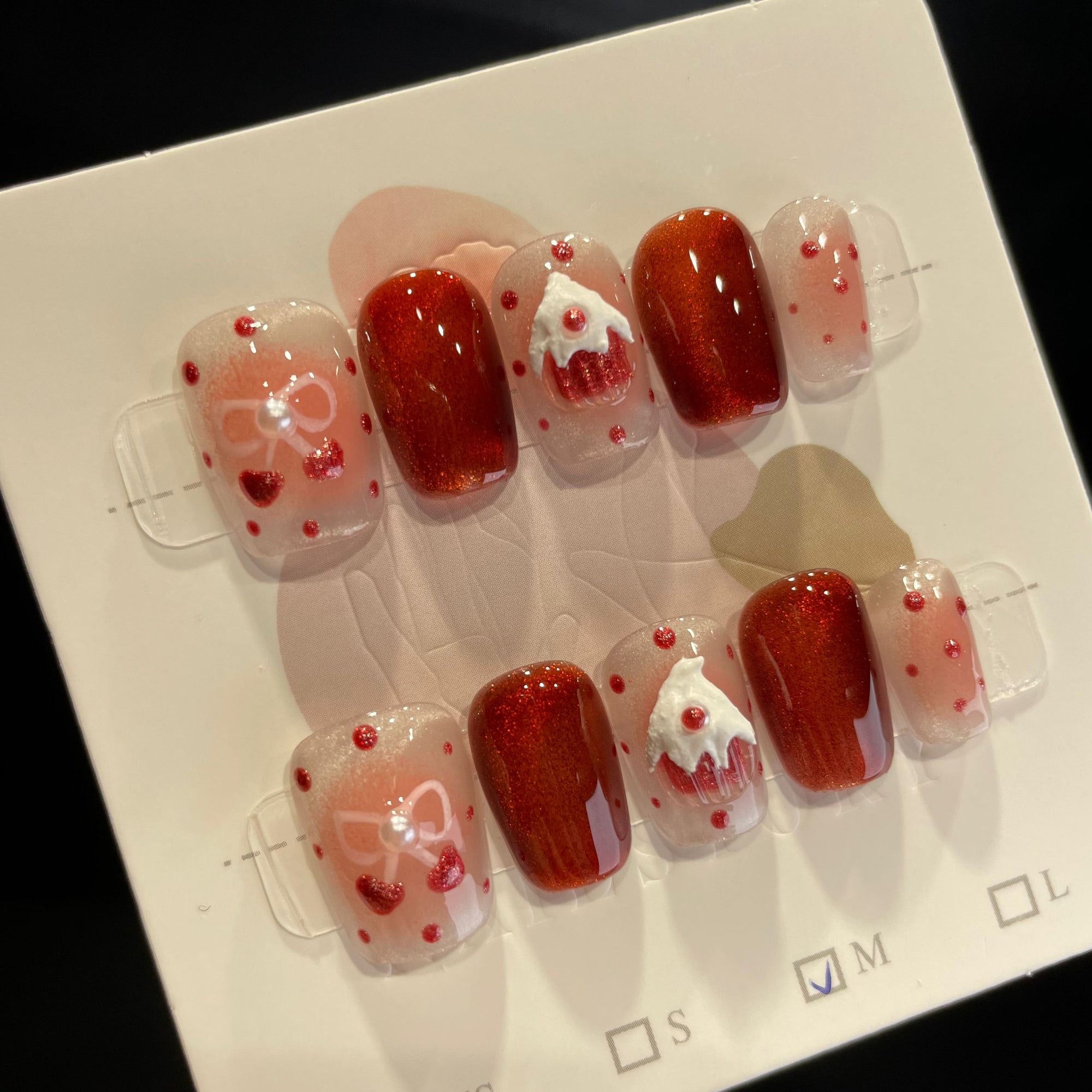 Handmade Press On Nails Short Coffin Cat's eye strawberry cake-YiH