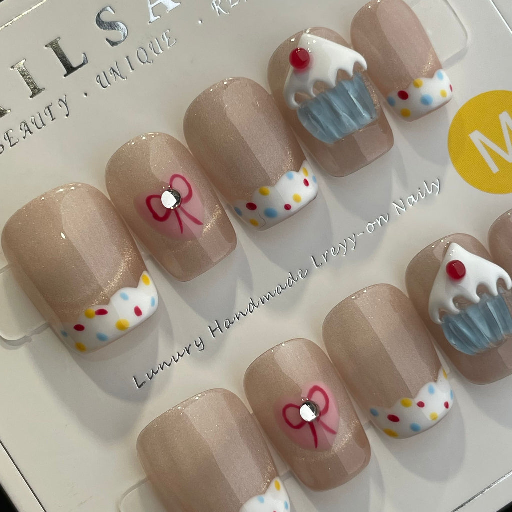 Handmade Press On Nails Short Coffin Cat's eye candy cake-YiH