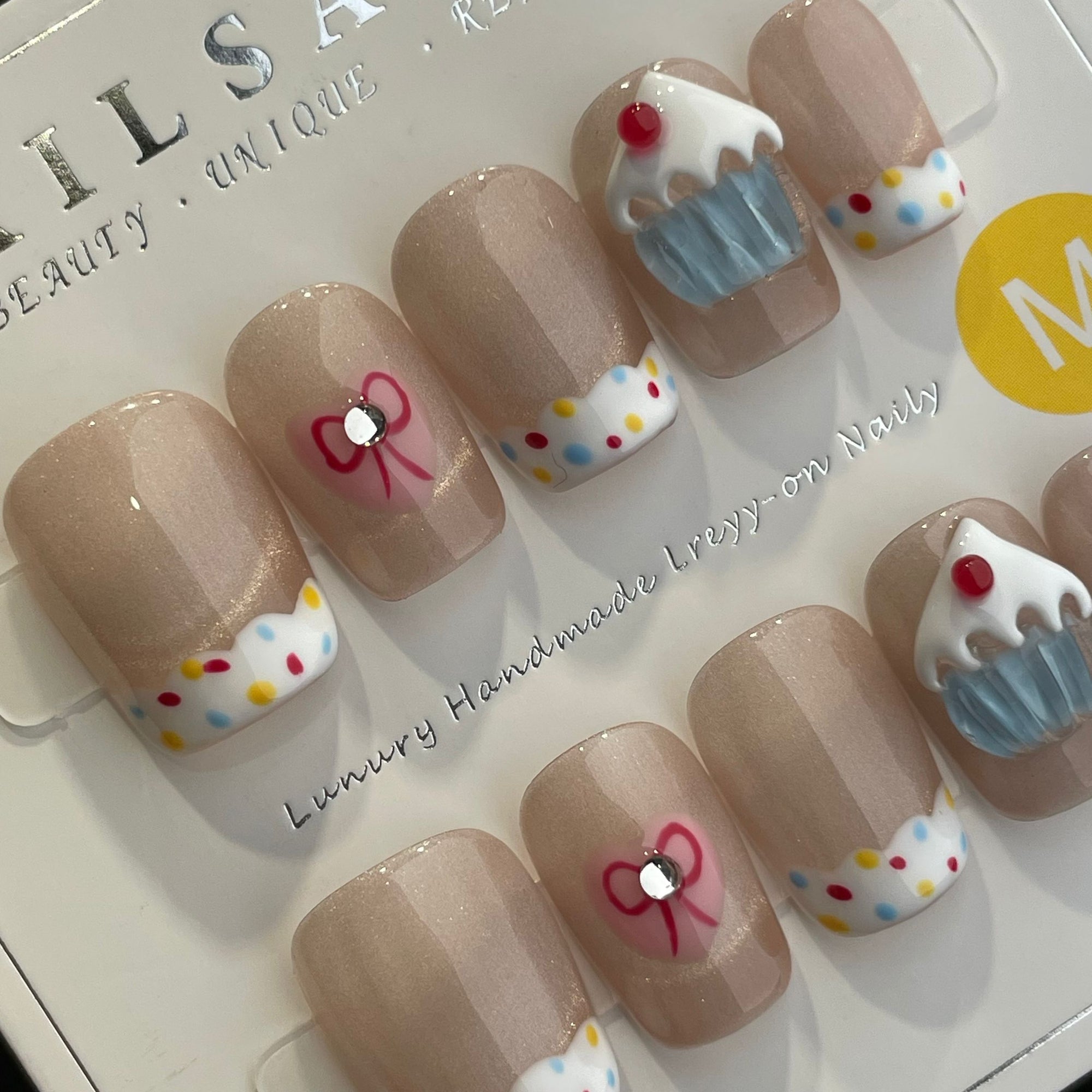 Handmade Press On Nails Short Coffin Cat's eye candy cake-YiH