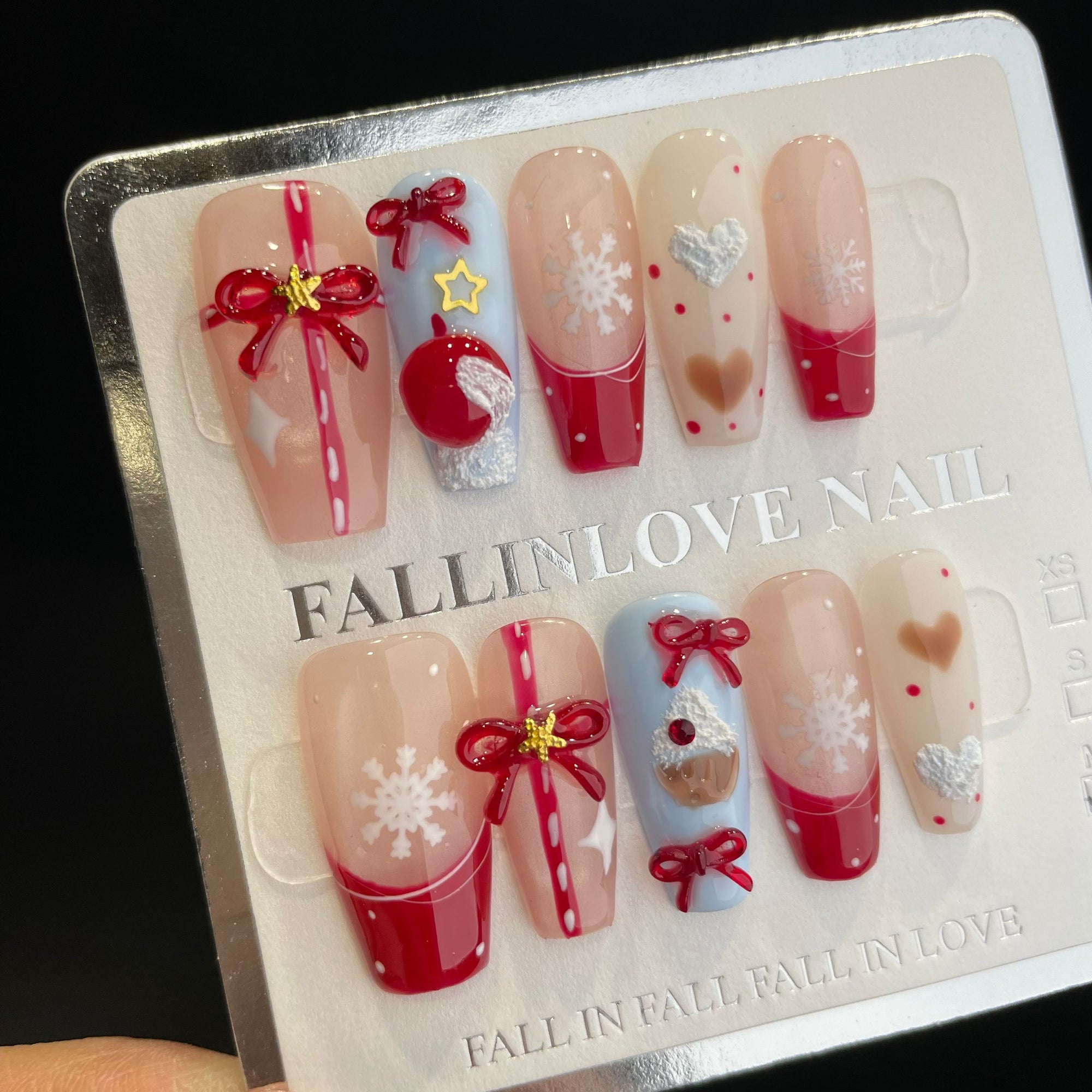 Handmade Press On Nails Long Coffin Pink and blue Apple gift box-YiH