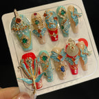 Handmade Press On Nails Long Coffin Gorgeous marriage red blue phoenix-YiH