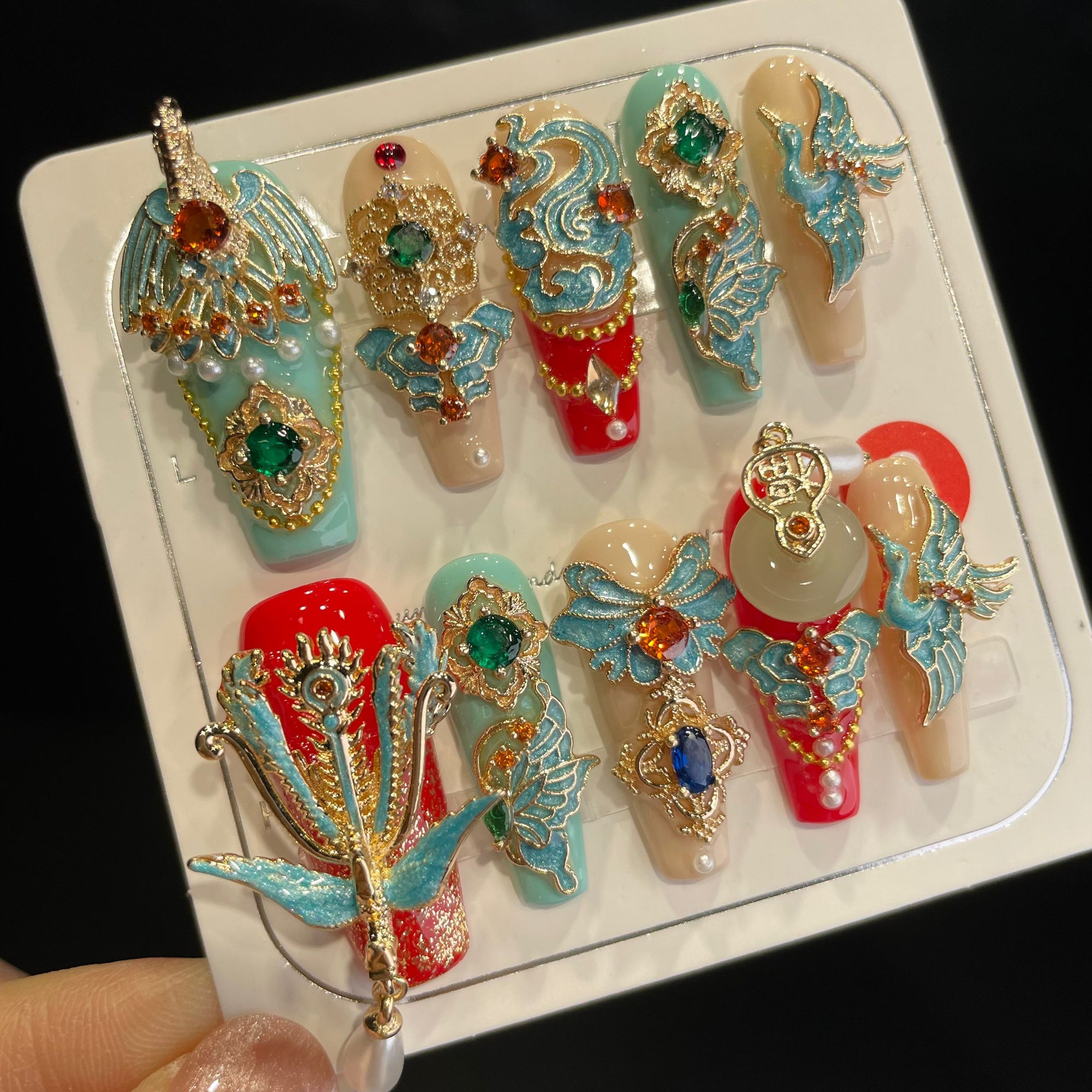 Handmade Press On Nails Long Coffin Gorgeous marriage red blue phoenix-YiH