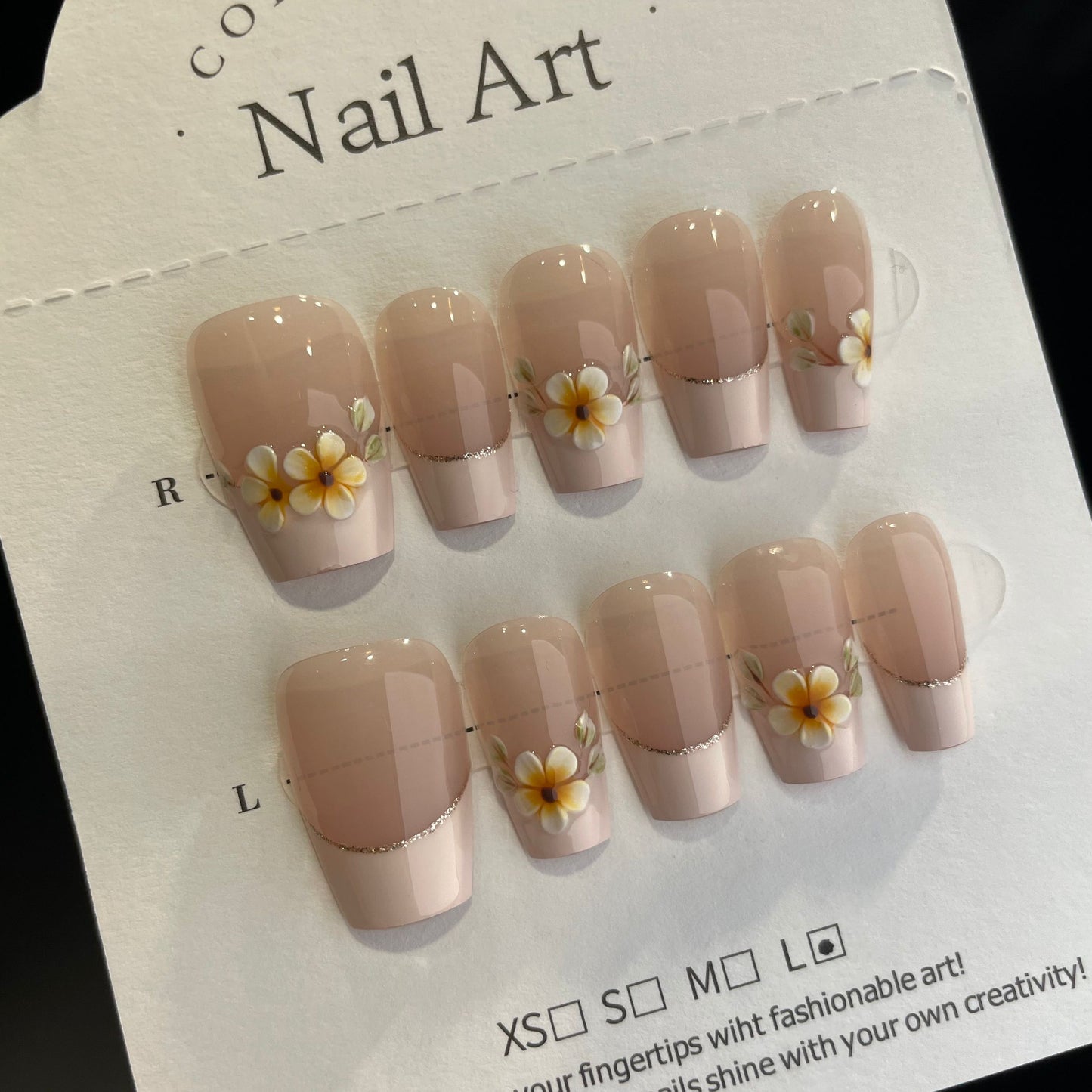 Handmade Press On Nails Medium Coffin Gentle French daisies