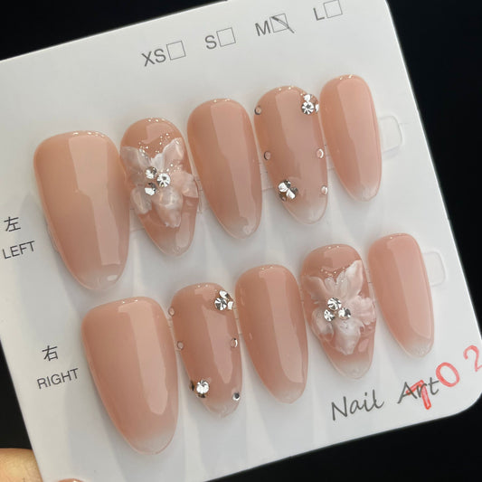 Handmade Press On Nails Medium Almond Frost flower-DaiRS