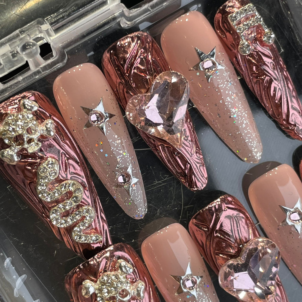 Handmade Press On Nails Long Stiletto Pink heart skull