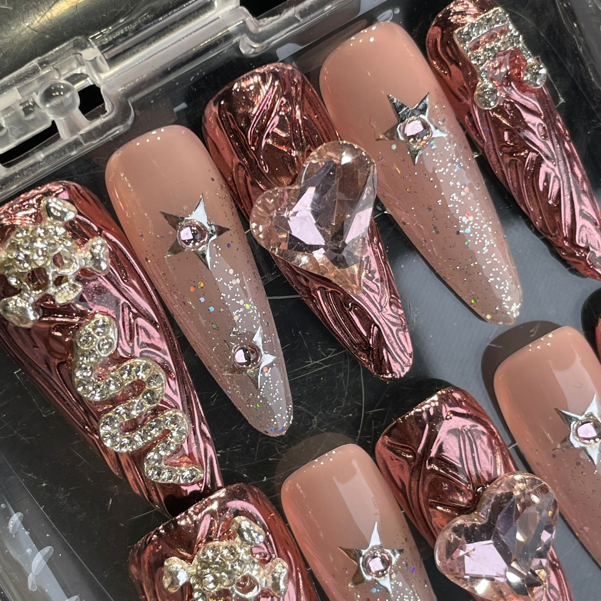 Handmade Press On Nails Long Stiletto Pink heart skull
