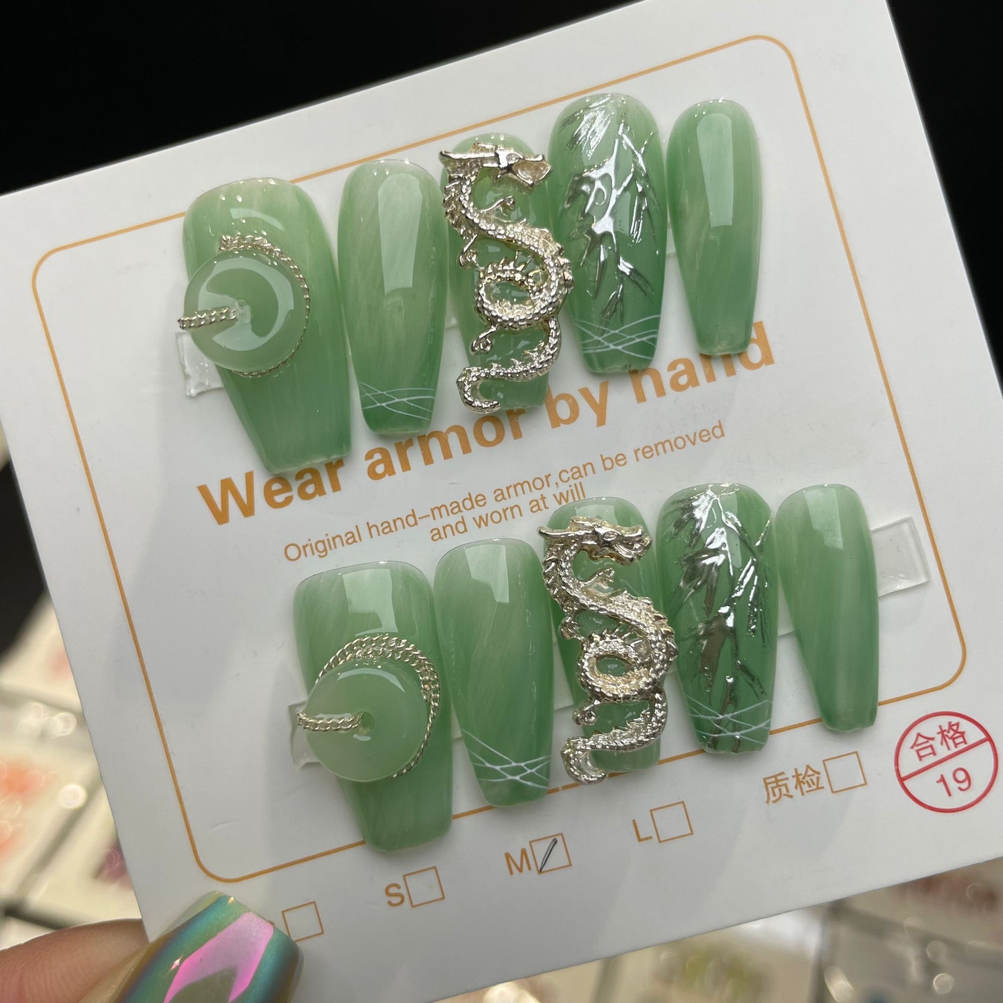 Handmade Press On Nails Long Coffin Jade dragon