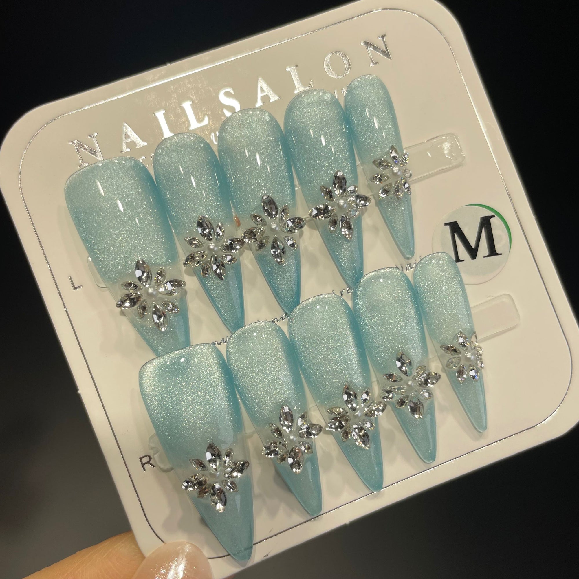 Handmade Press On Nails Long Stiletto Ice Flower