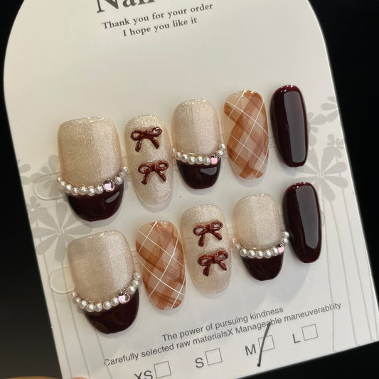 Handmade Press On Nails Short Oval Brown check French