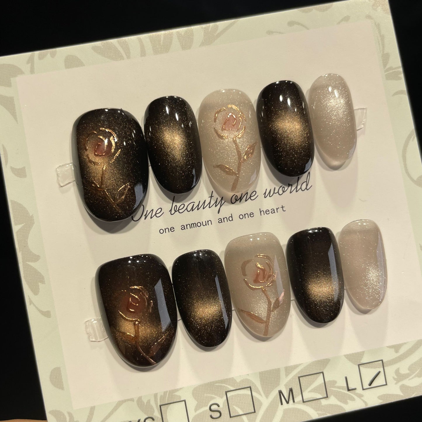 Handmade Press On Nails Short Oval Black gold rose