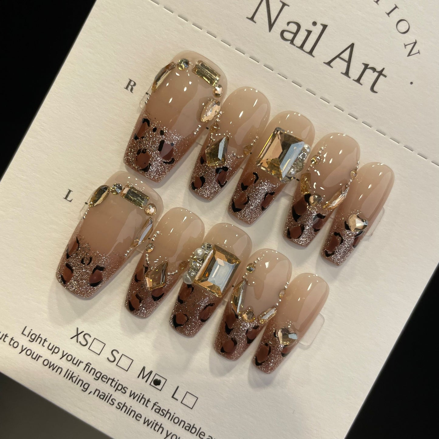 Handmade Press On Nails Long Coffin Leopard French