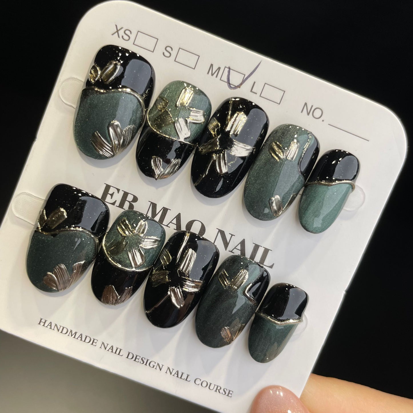 Handmade Press On Nails Short Oval Green flower