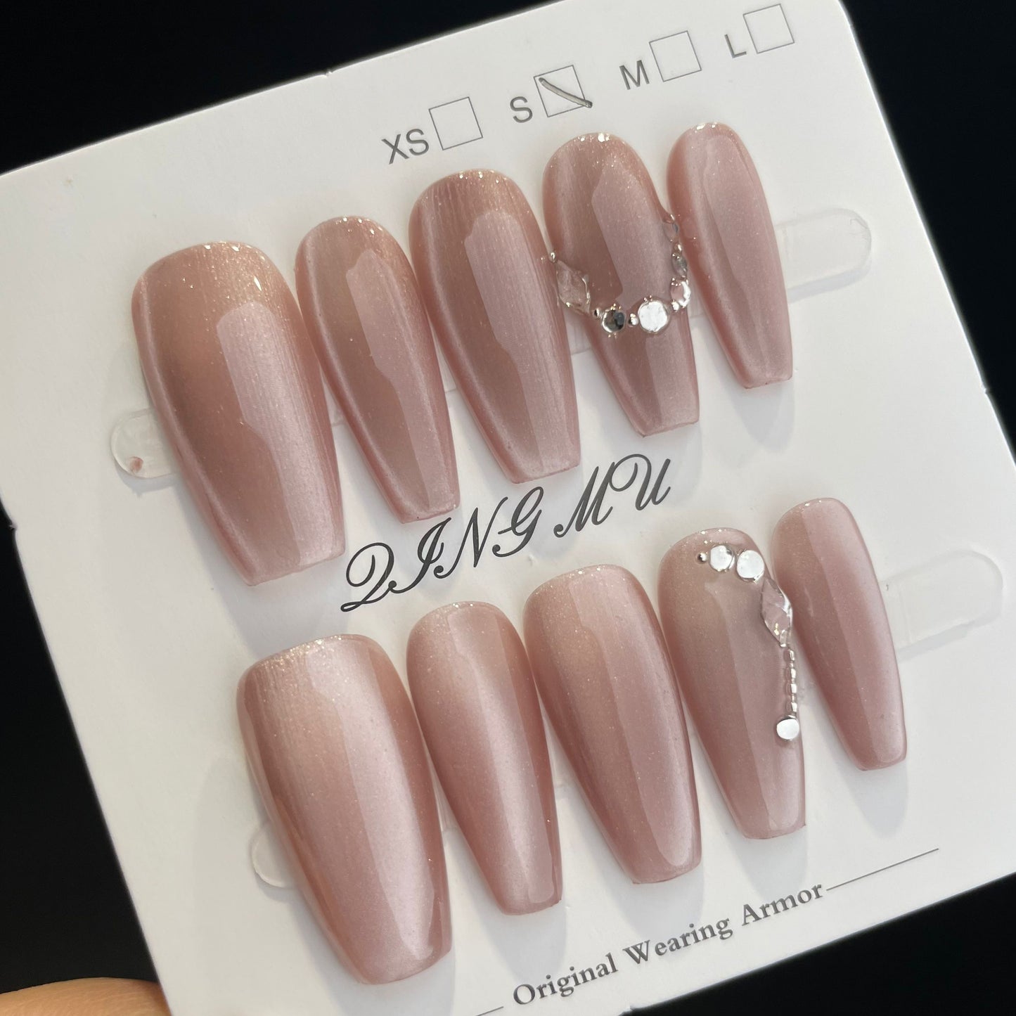 Handmade Press On Nails Long Coffin Simple pink-QingM