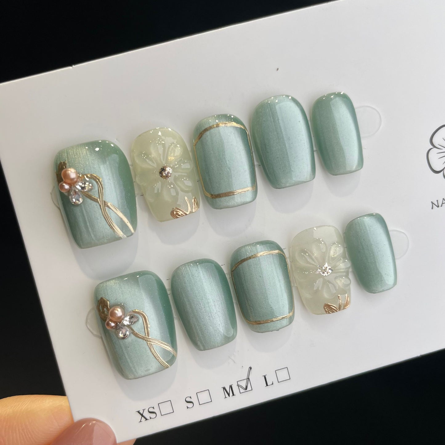 Handmade Press On Nails Short Coffin Green ice flower-DaH