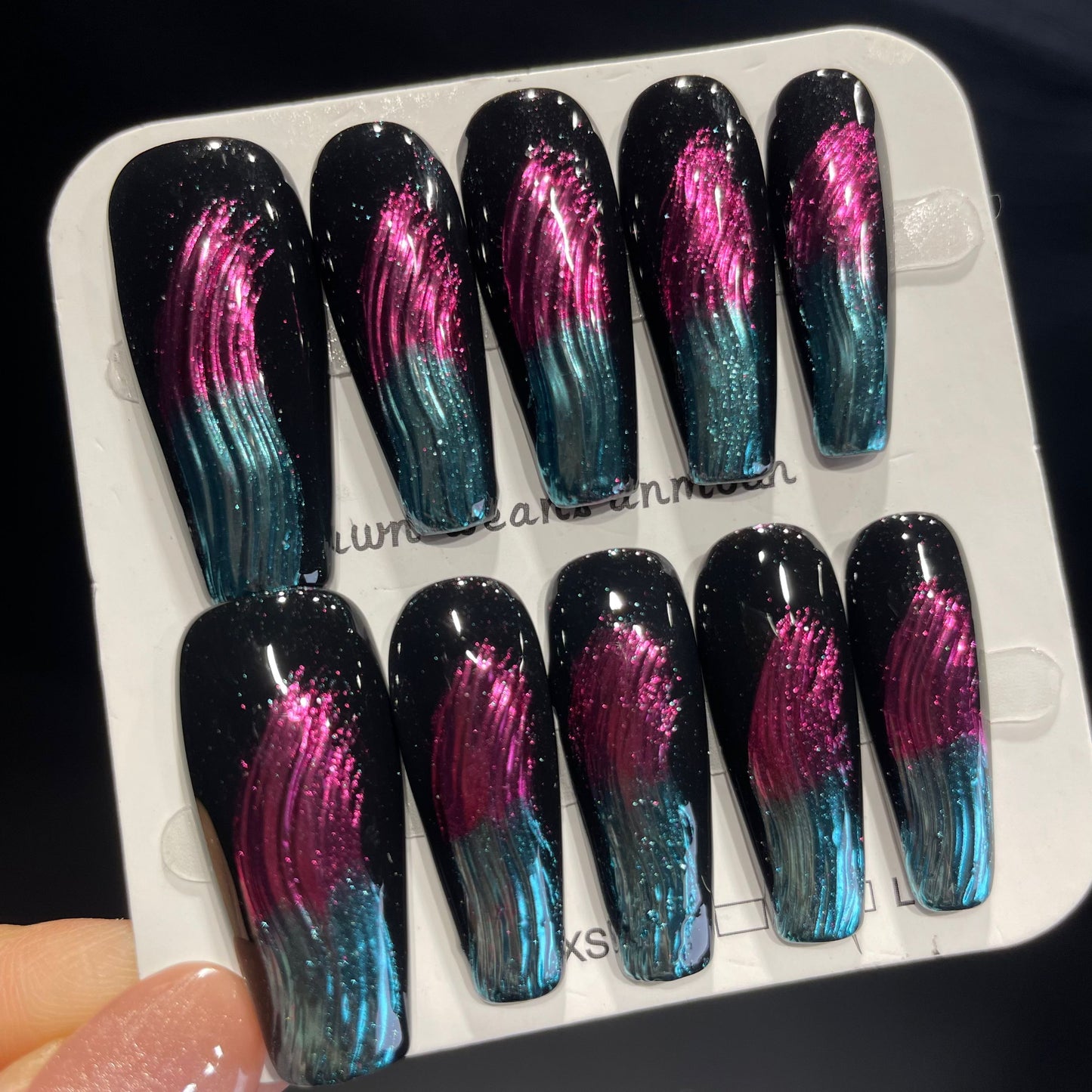 Handmade Press On Nails Long Coffin Purple and black magic brush-XiXX