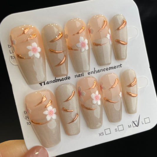 Handmade Press On Nails Long Coffin Flowers on the Branch