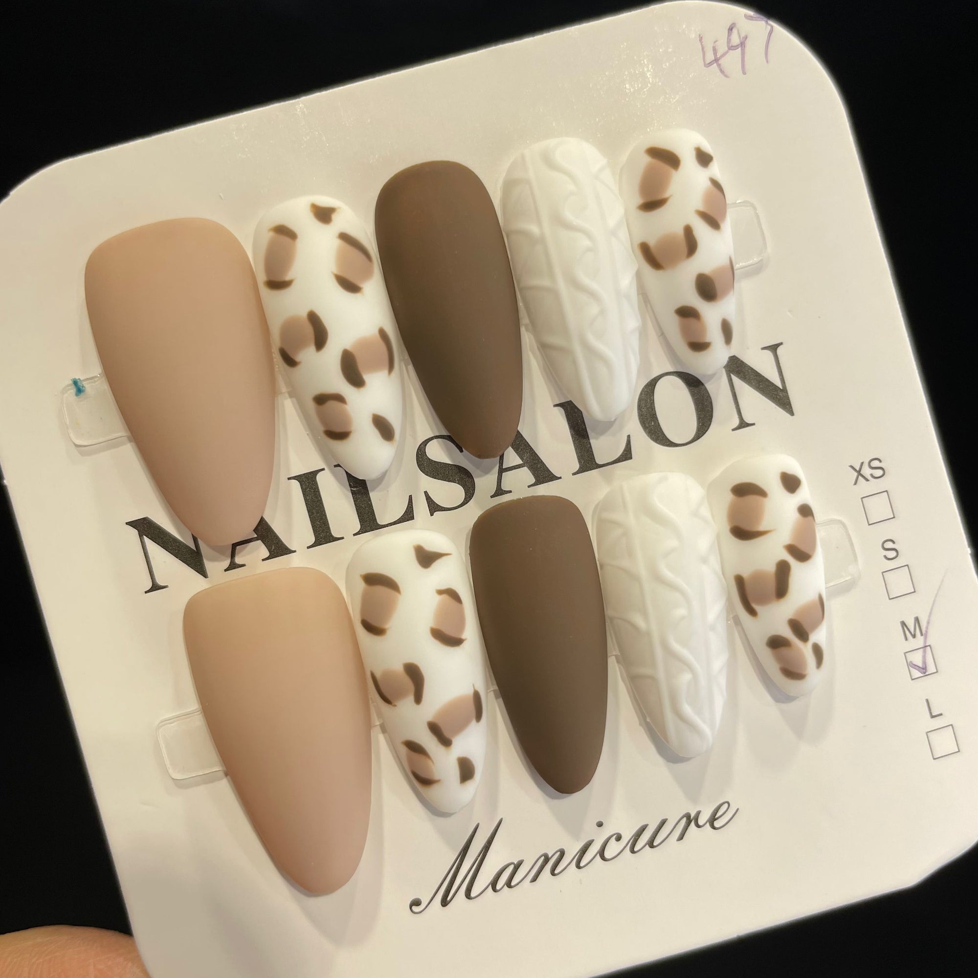 Handmade Press On Nails Long Almond Brown and white sweater-YiH