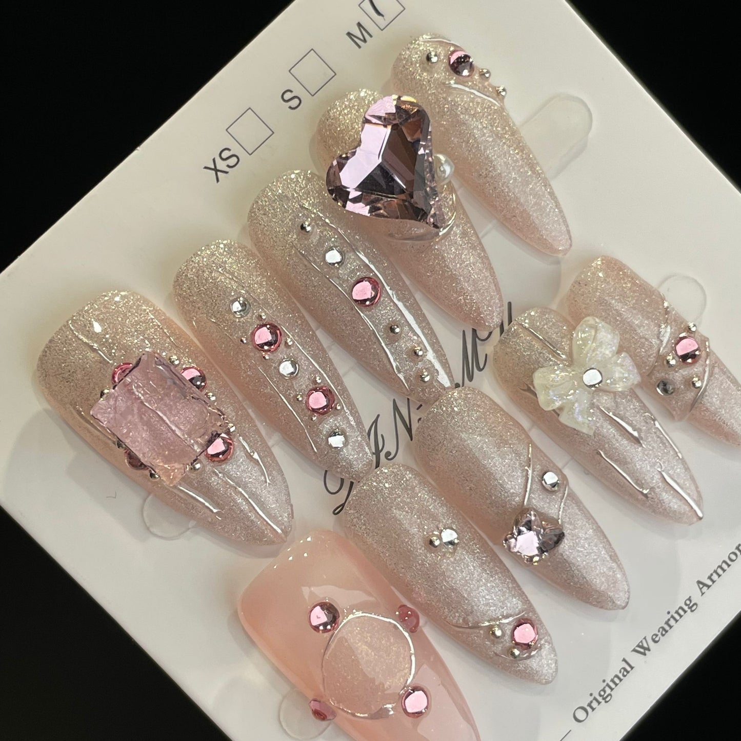 Handmade Press On Nails Long Almond Pink stone