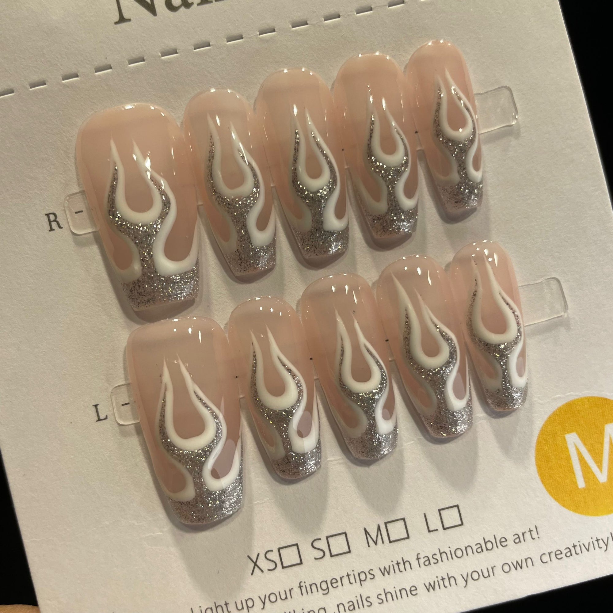 Handmade Press On Nails Long Coffin Silver flame-YiH