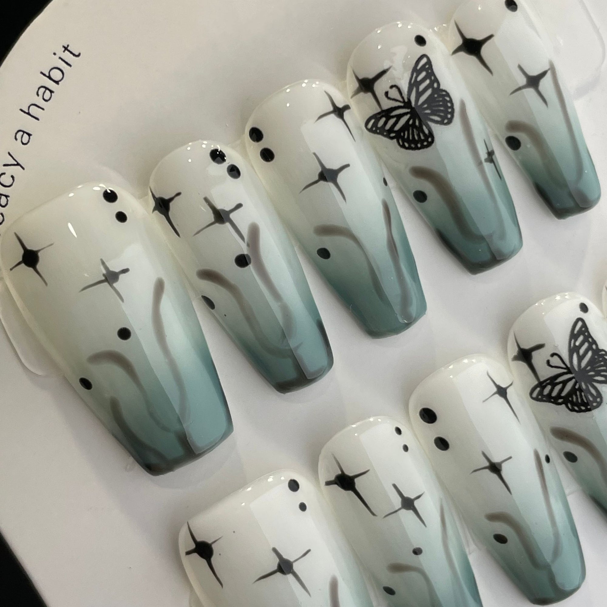 Handmade Press On Nails Long Coffin Green butterfly-YiH