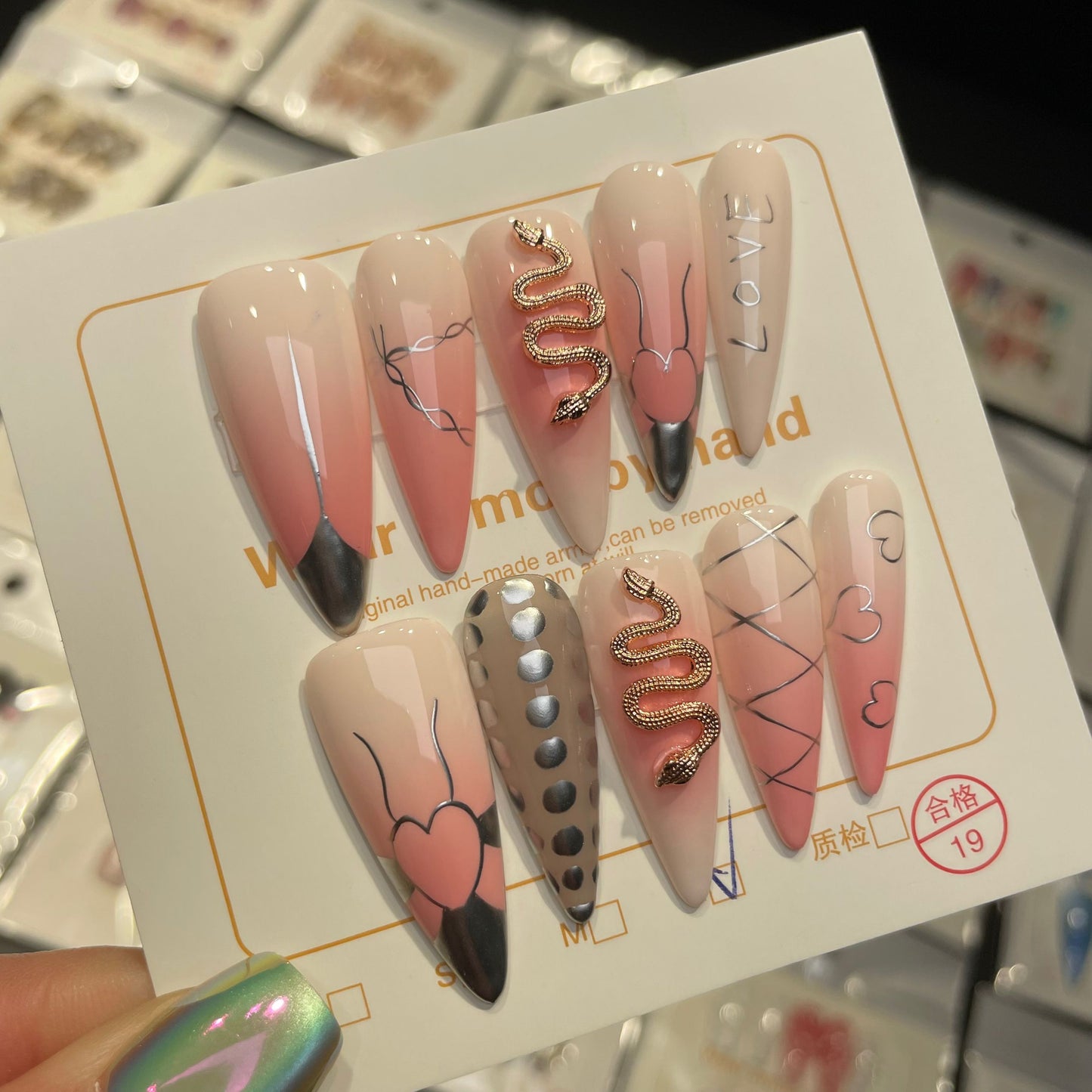 Handmade Press On Nails Long Stiletto Pink snake