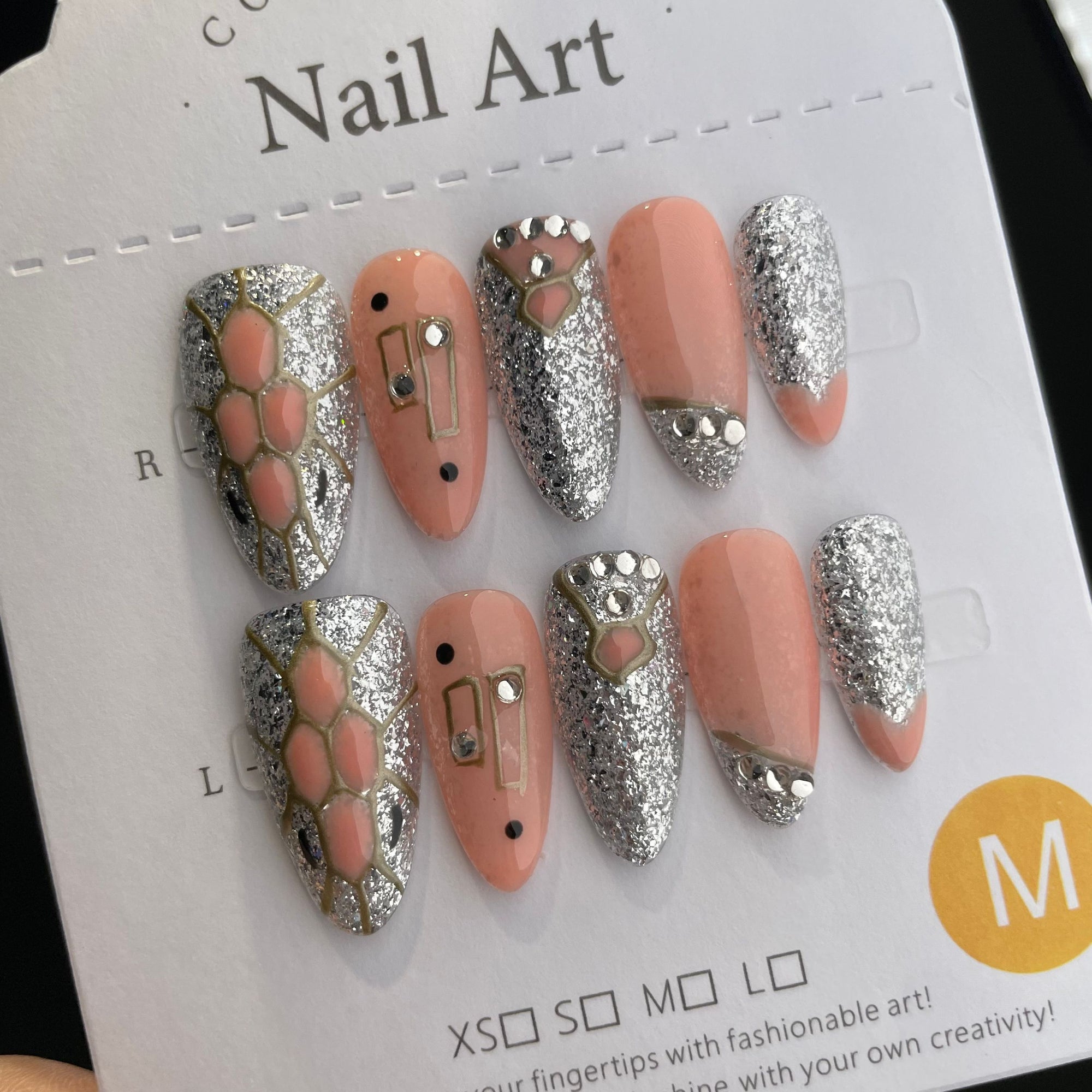 Handmade Press On Nails Long Almond Silver Medusa-YiH