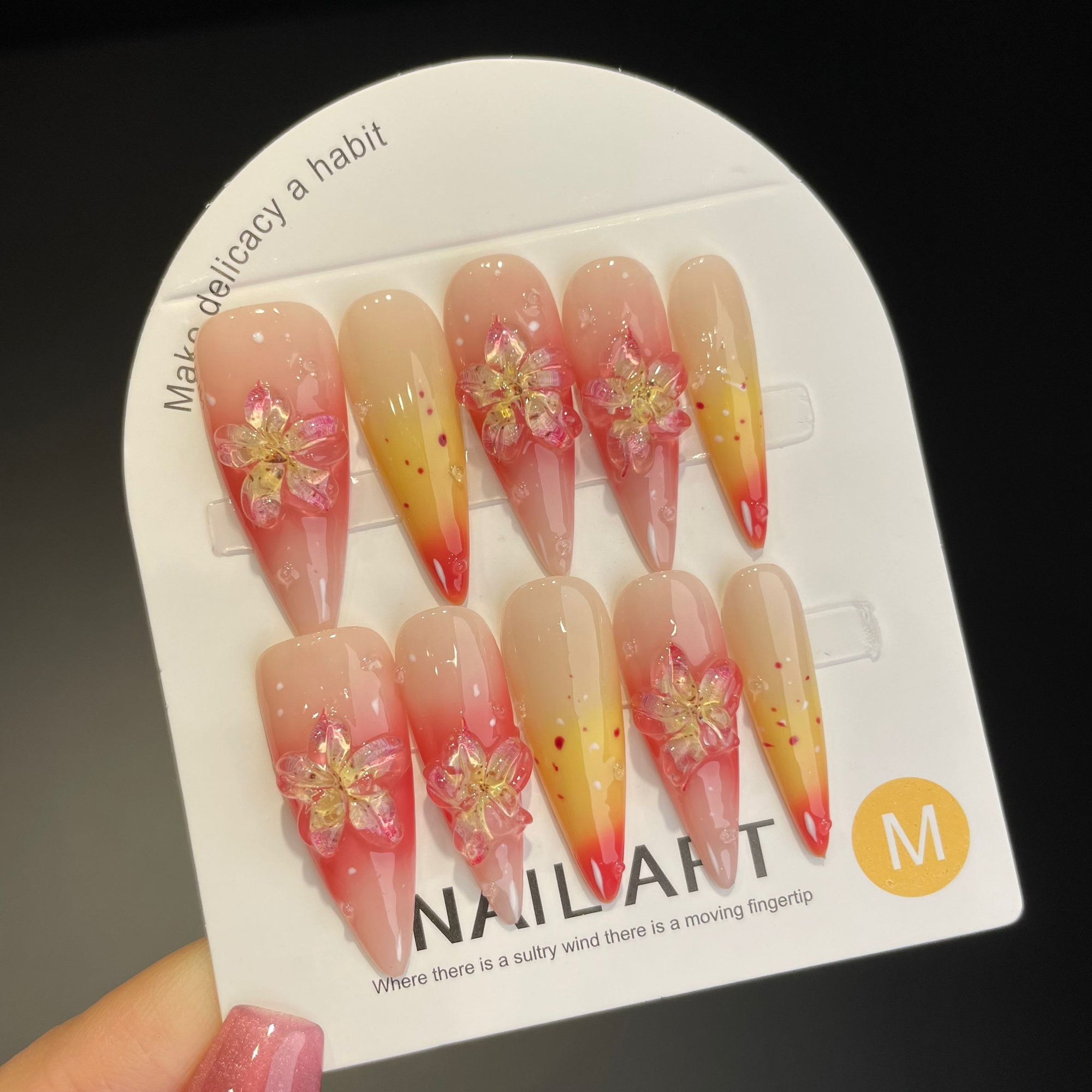 Handmade Press On Nails Long Stiletto Lily gradient ice flower