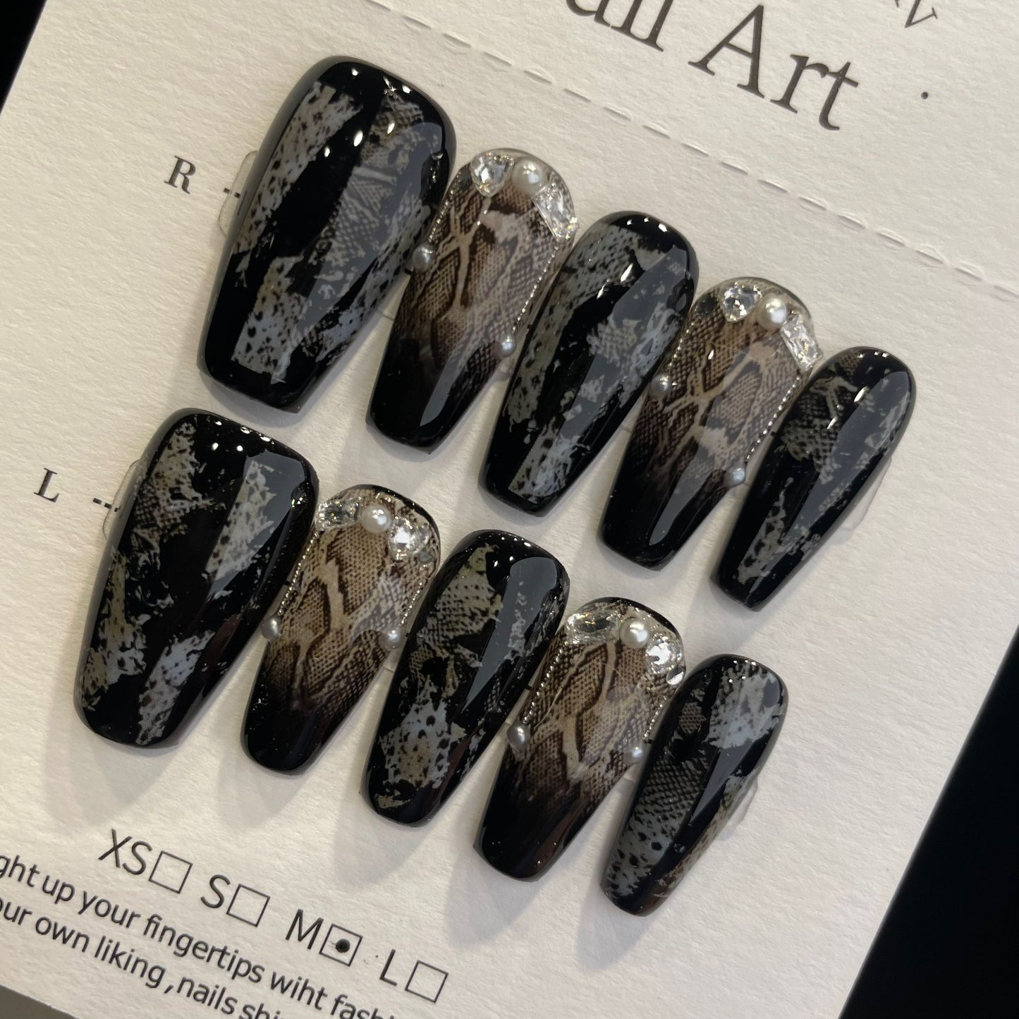 Handmade Press On Nails Long Coffin Black snake scale