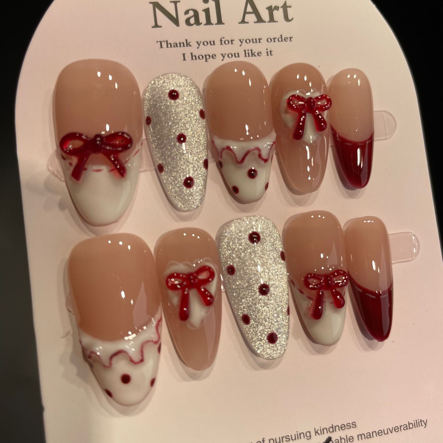 Handmade Press On Nails Long Almond Strawberry cake