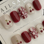 Handmade Press On Nails Short Square Red cherry check-YiH