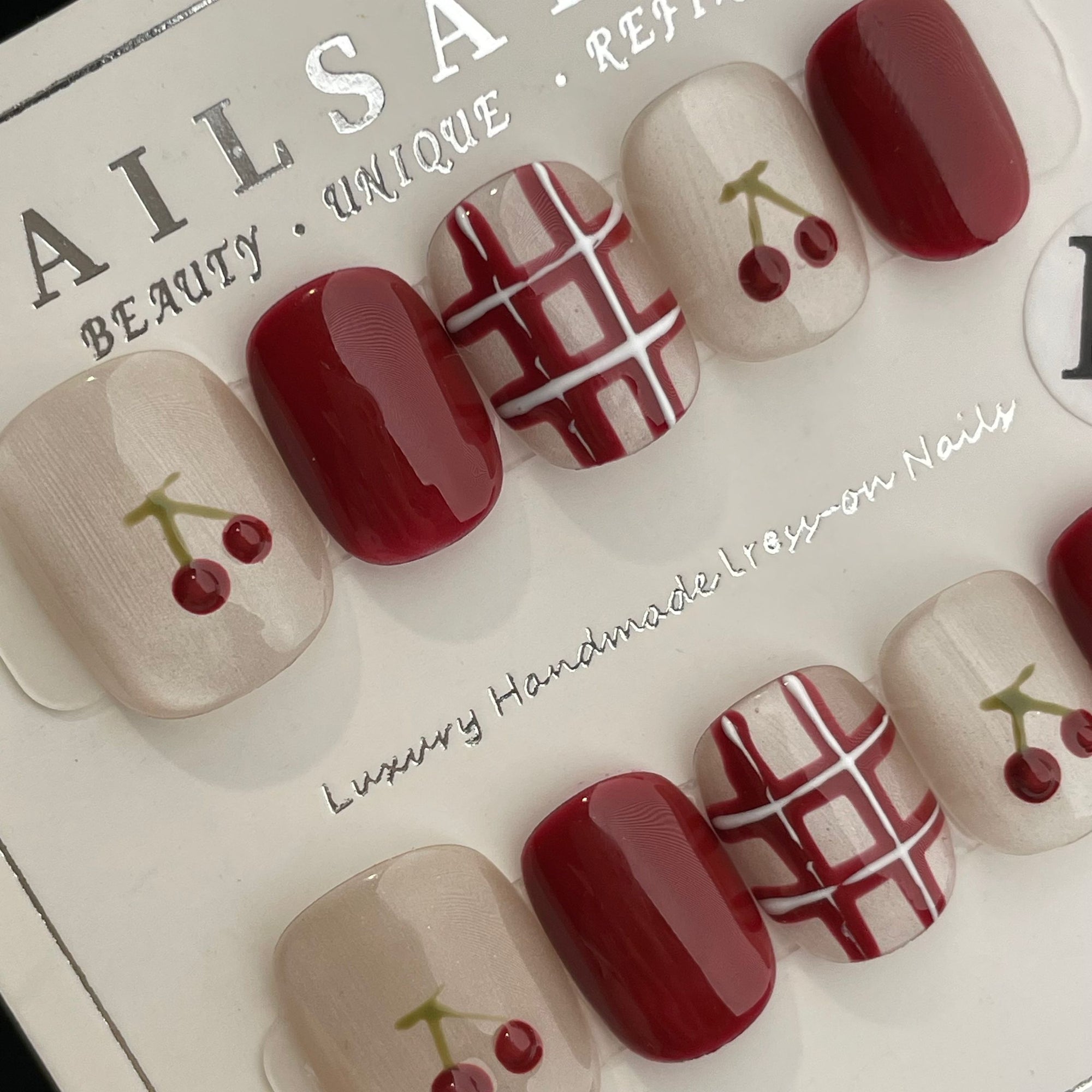 Handmade Press On Nails Short Square Red cherry check-YiH