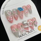 Handmade Press On Nails Long Almond Pink cherry blossom white snake-YiH