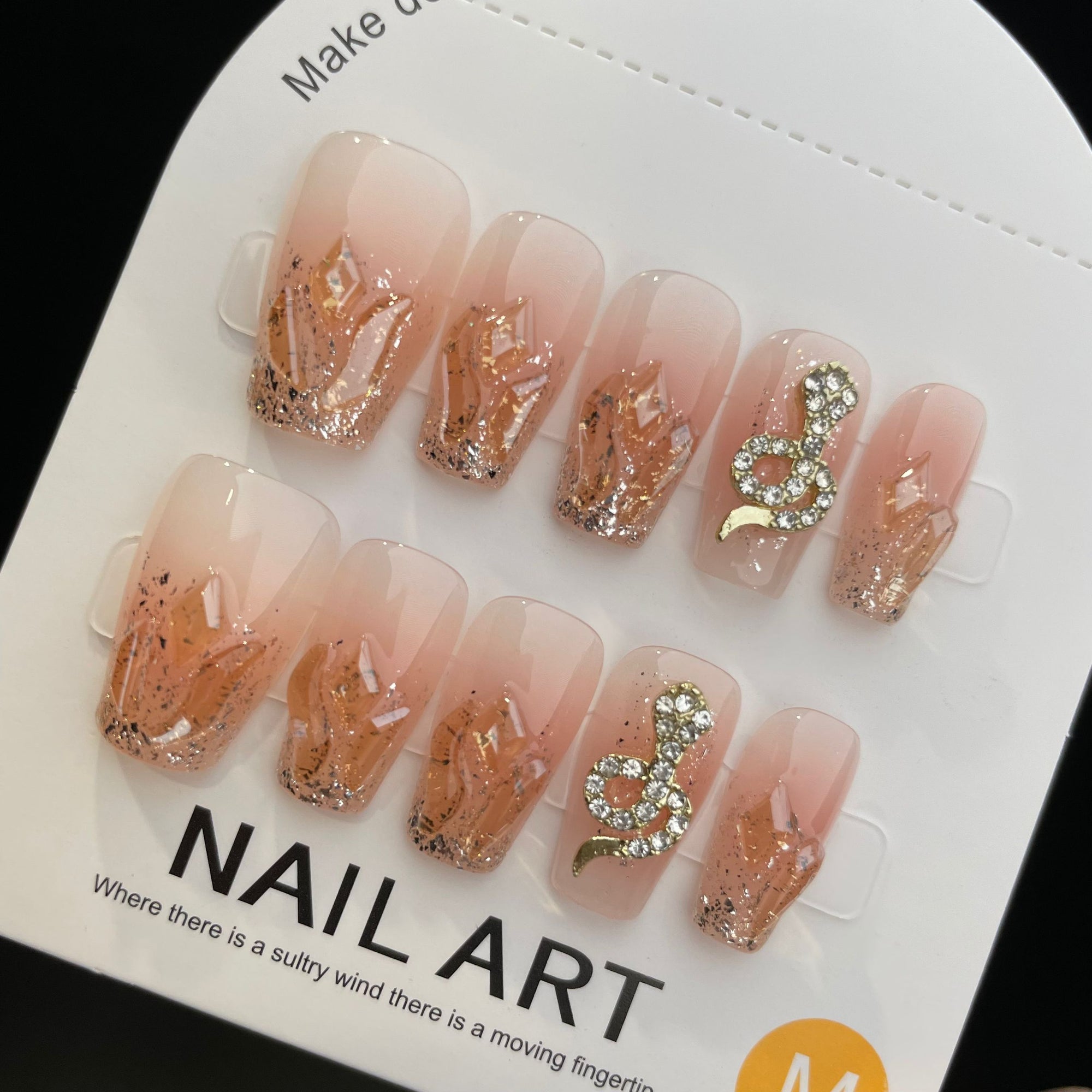 Handmade Press On Nails Medium Coffin Snake drill flame flash-YiH