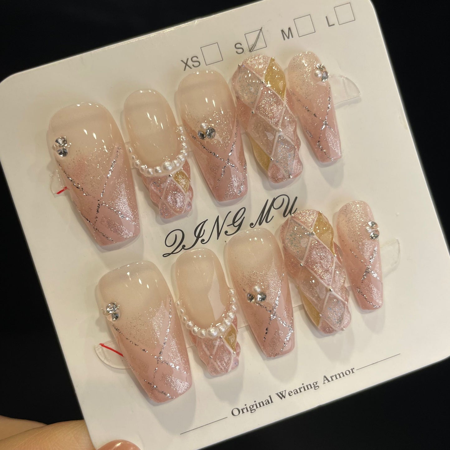 Handmade Press On Nails Long Coffin Pink Coquilings-QingM