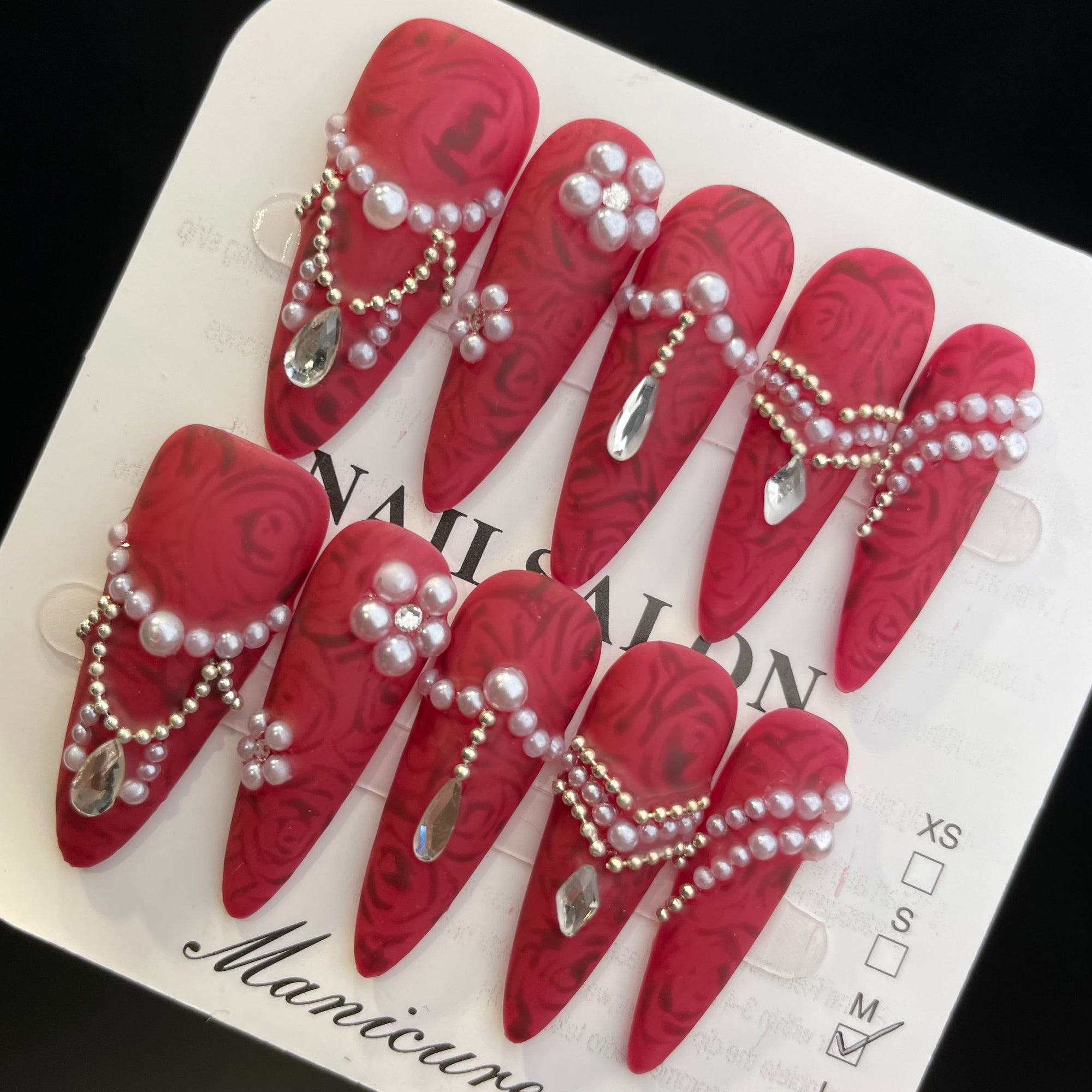 Handmade Press On Nails Long Stiletto Magnificent red diamond-YiH
