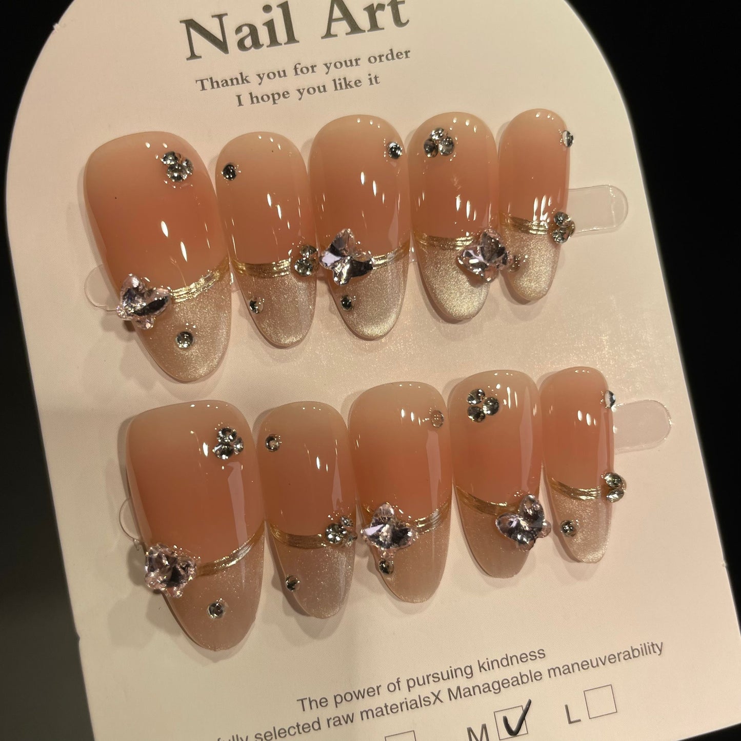 Handmade Press On Nails Long Almond French diamond