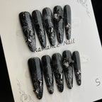 Handmade Press On Nails Long Oval Black snake scale-YiH