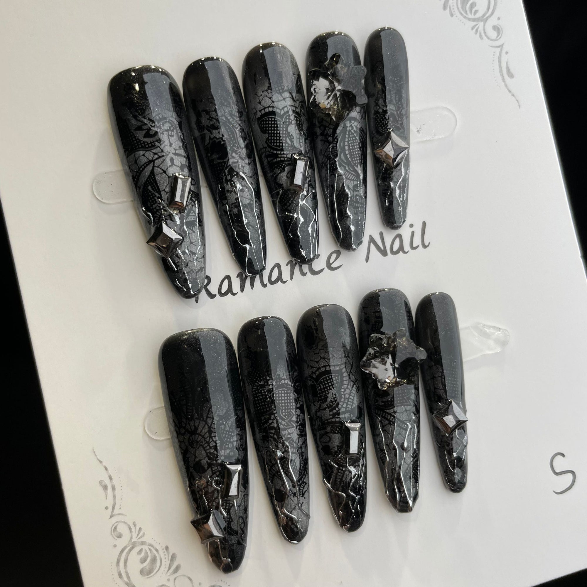 Handmade Press On Nails Long Oval Black snake scale-YiH