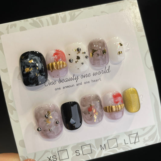 Handmade Press On Nails Short Square Black purple gold foil