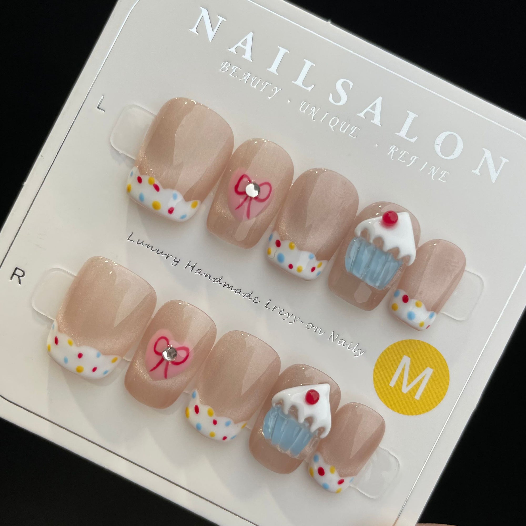 Handmade Press On Nails Short Coffin Cat's eye candy cake-YiH