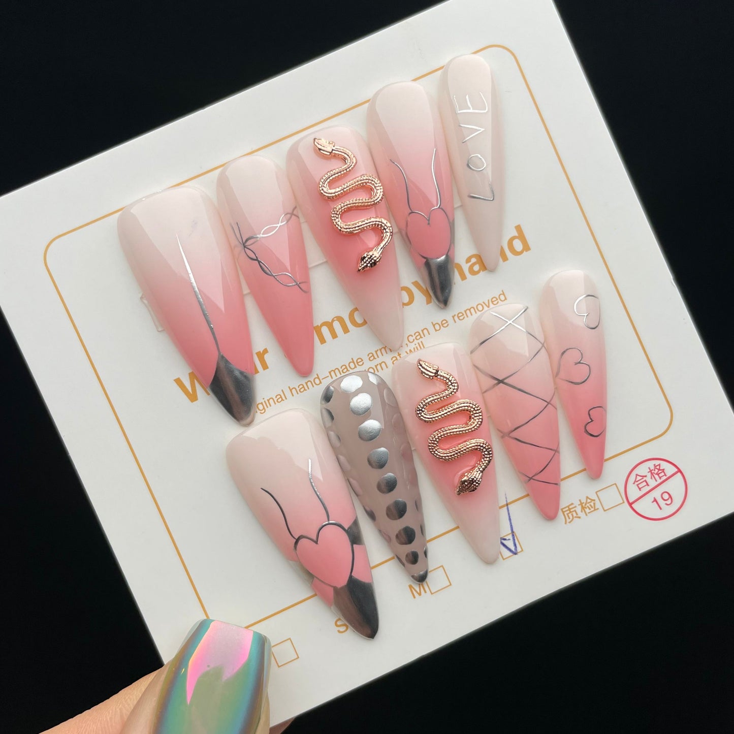 Handmade Press On Nails Long Stiletto Pink snake