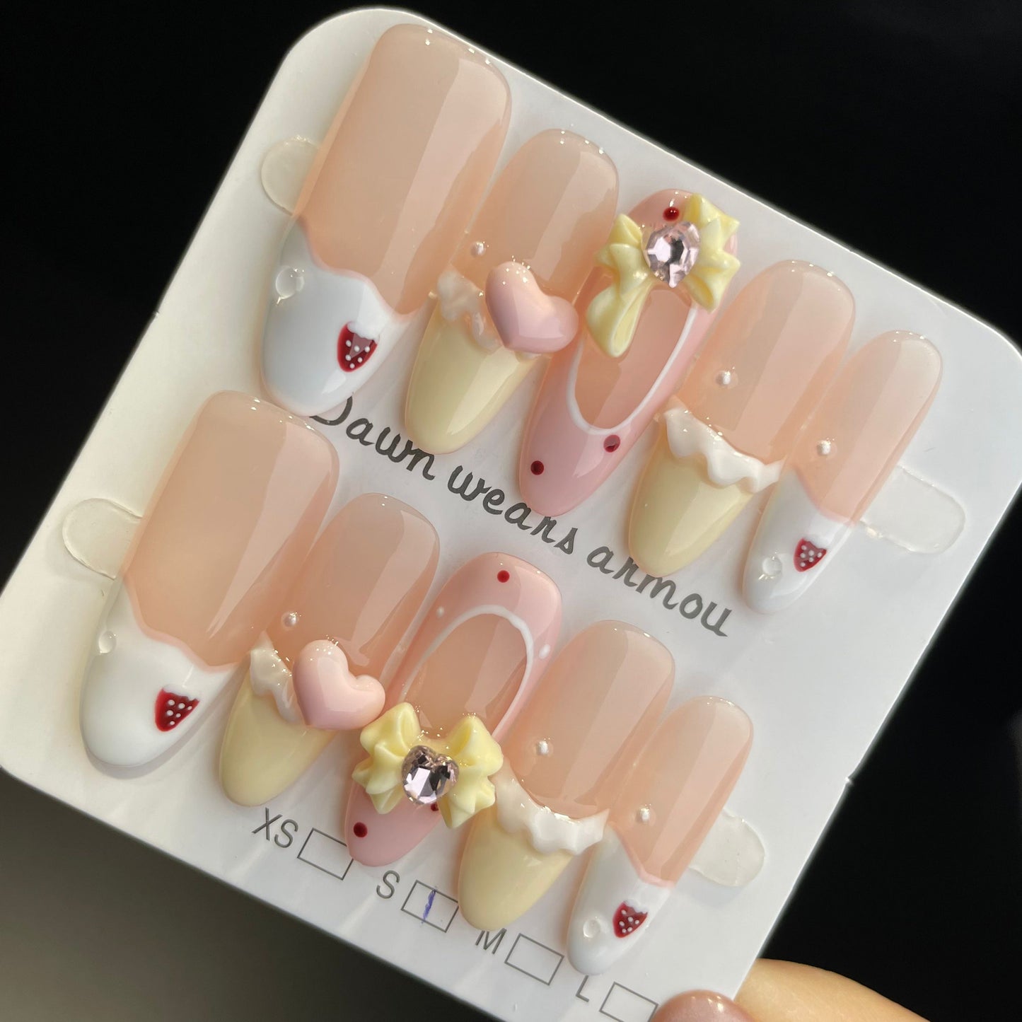 Handmade Press On Nails Long Almond Cake hemline-XiXX