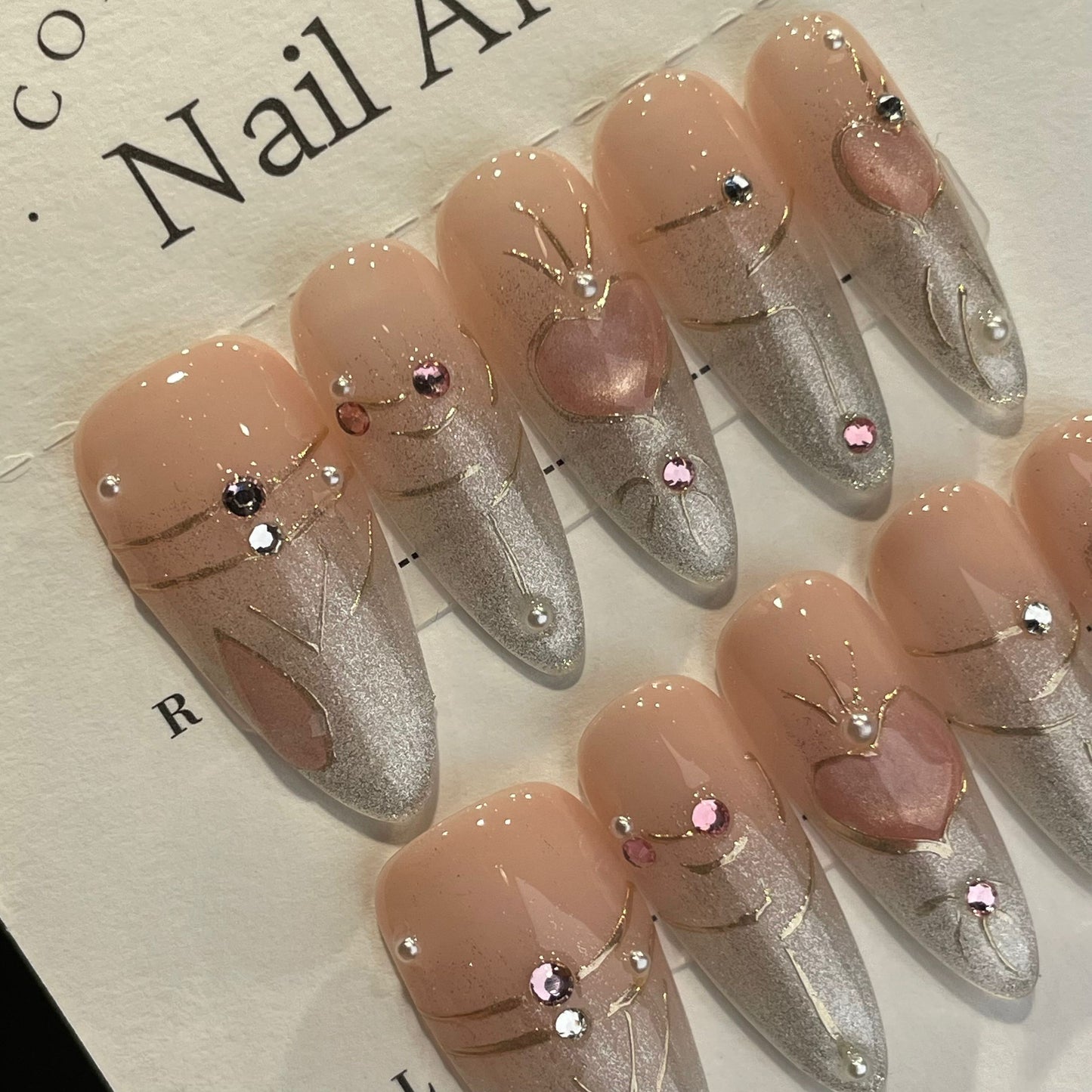 Handmade Press On Nails Long Almond Silver pink