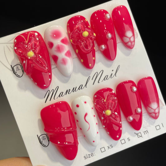 Handmade Press On Nails Medium Stiletto Strawberry blossom