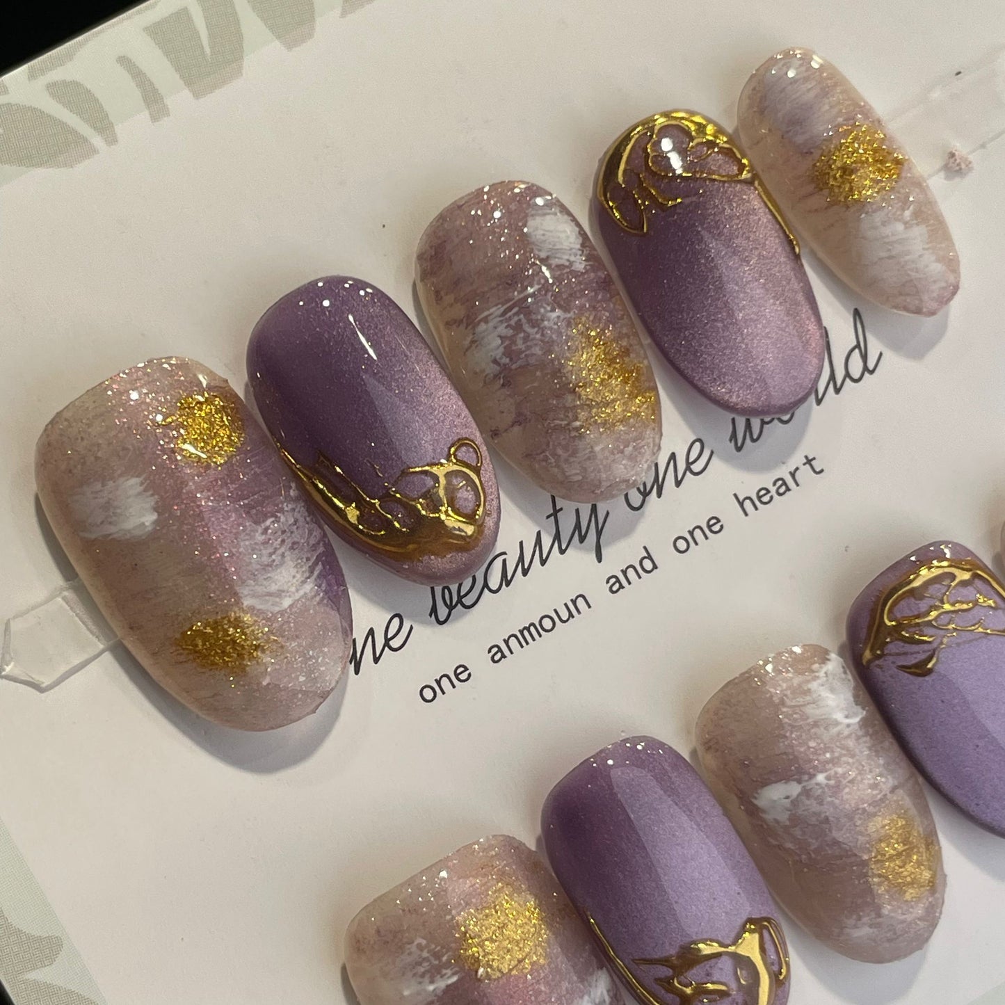 Handmade Press On Nails Short Oval Purple gold Cloud