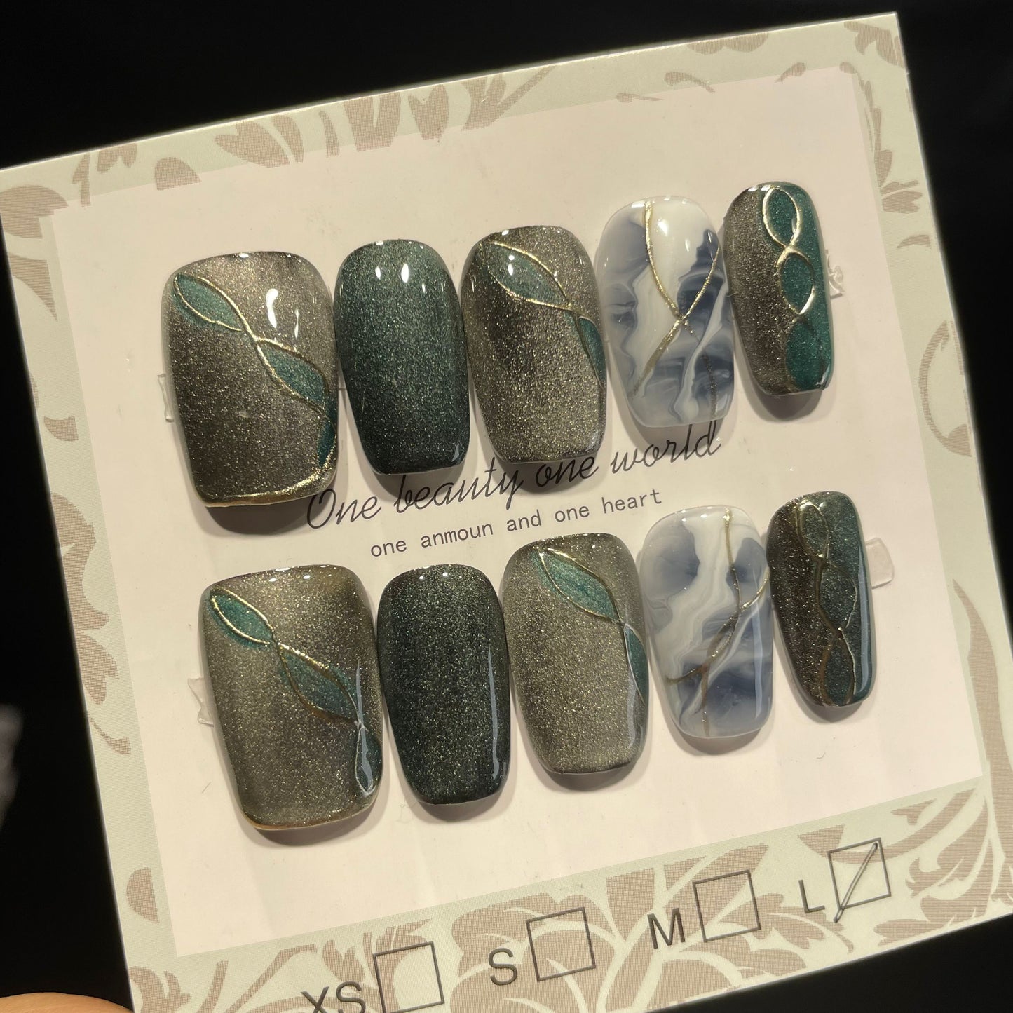 Handmade Press On Nails Medium Coffin Green streamer