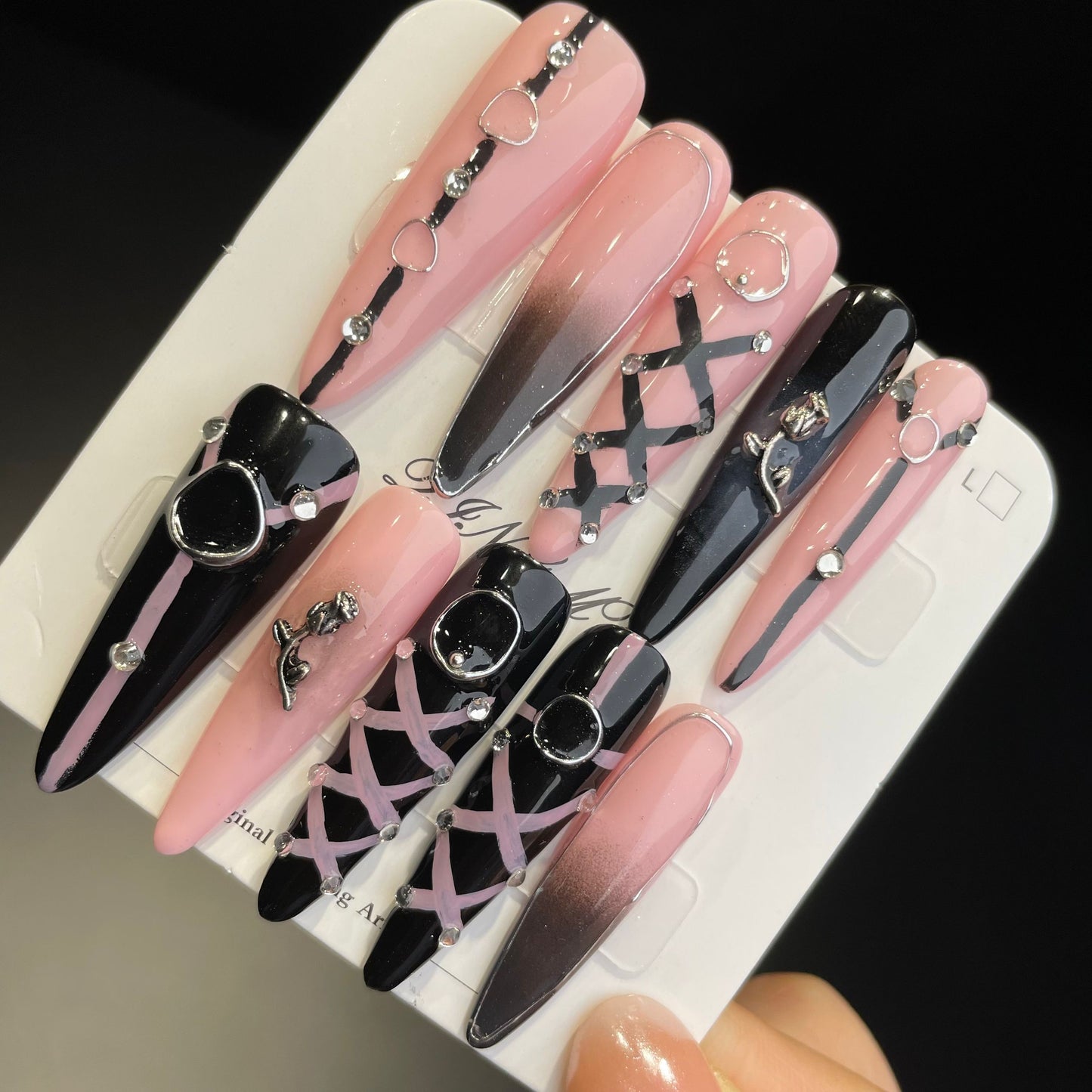 Handmade Press On Nails Extra-Long Stiletto Black powder rope